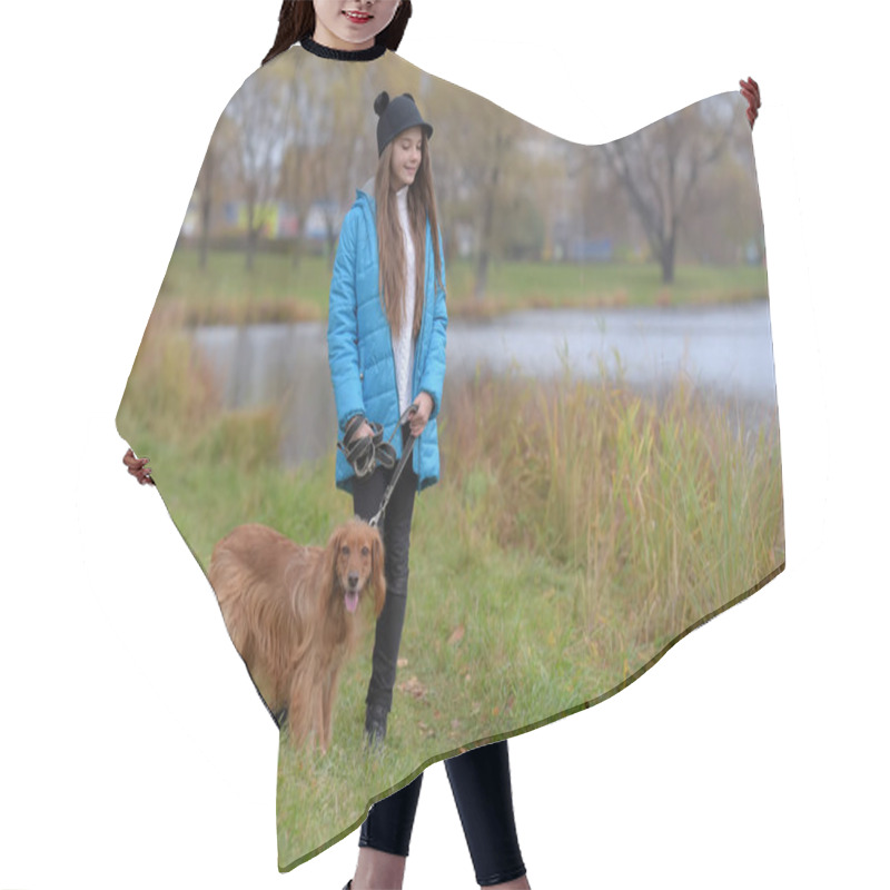 Personality  Happy Girl In The Park With A Spaniel In The Fall By The Lake Hair Cutting Cape