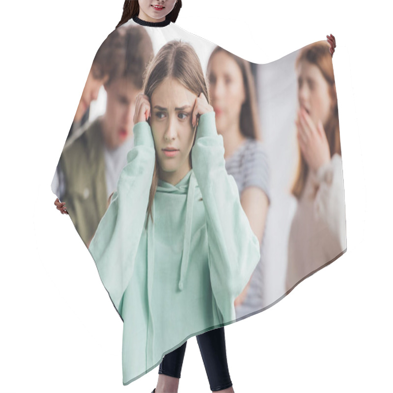 Personality  Panoramic Shot Of Group Of Teenagers Bullying Girl Hair Cutting Cape