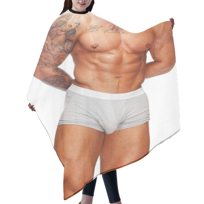 Personality  Man With Beautiful Muscular Tattooed Torso In Underwear Hair Cutting Cape