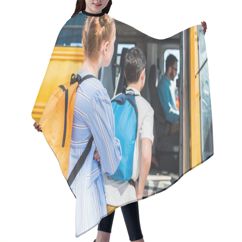 Personality  Cute Little Pupils Entering School Bus With Handsome Adult Driver Hair Cutting Cape