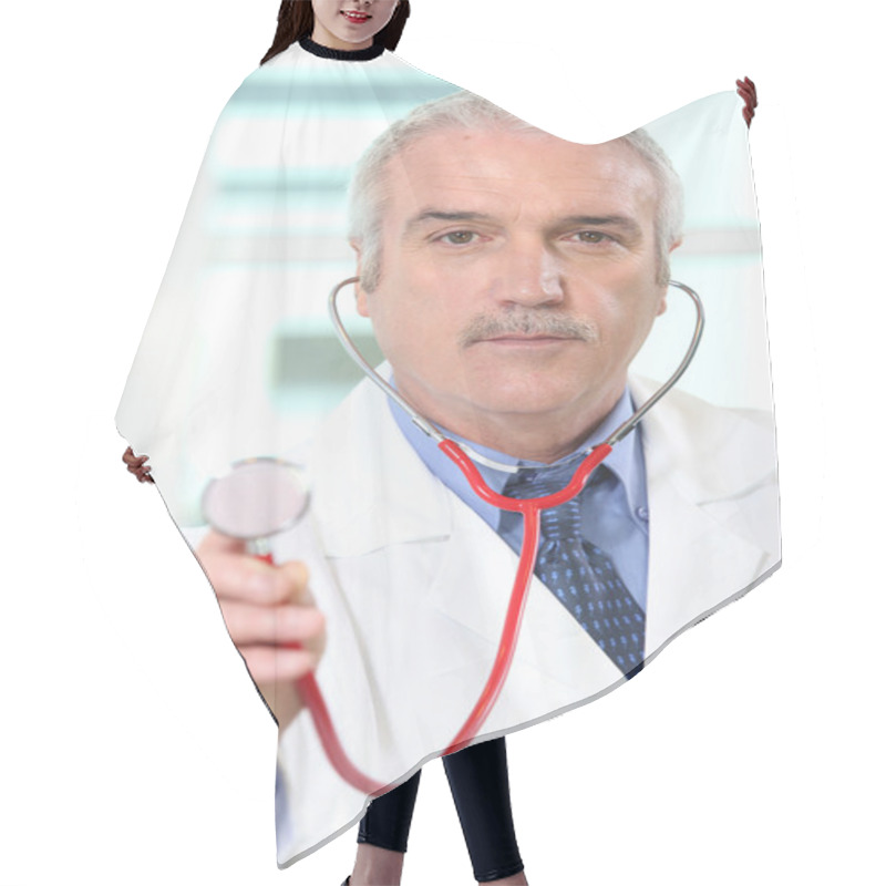 Personality  Doctor Holding Up The Chestpiece Of His Stethoscope Hair Cutting Cape