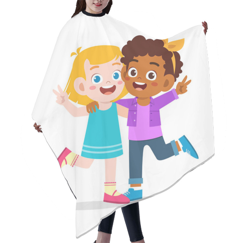 Personality  Happy Cute Kid Girl Hug Friend Together Hair Cutting Cape