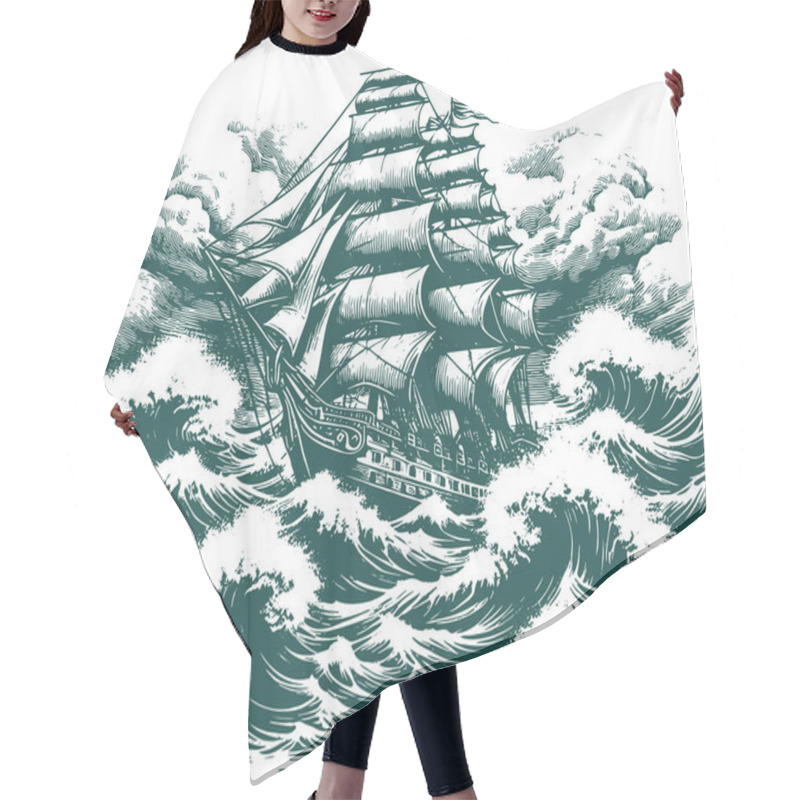 Personality  Retro Illustration Of A Ship With Sails In Stormy Waters Hair Cutting Cape