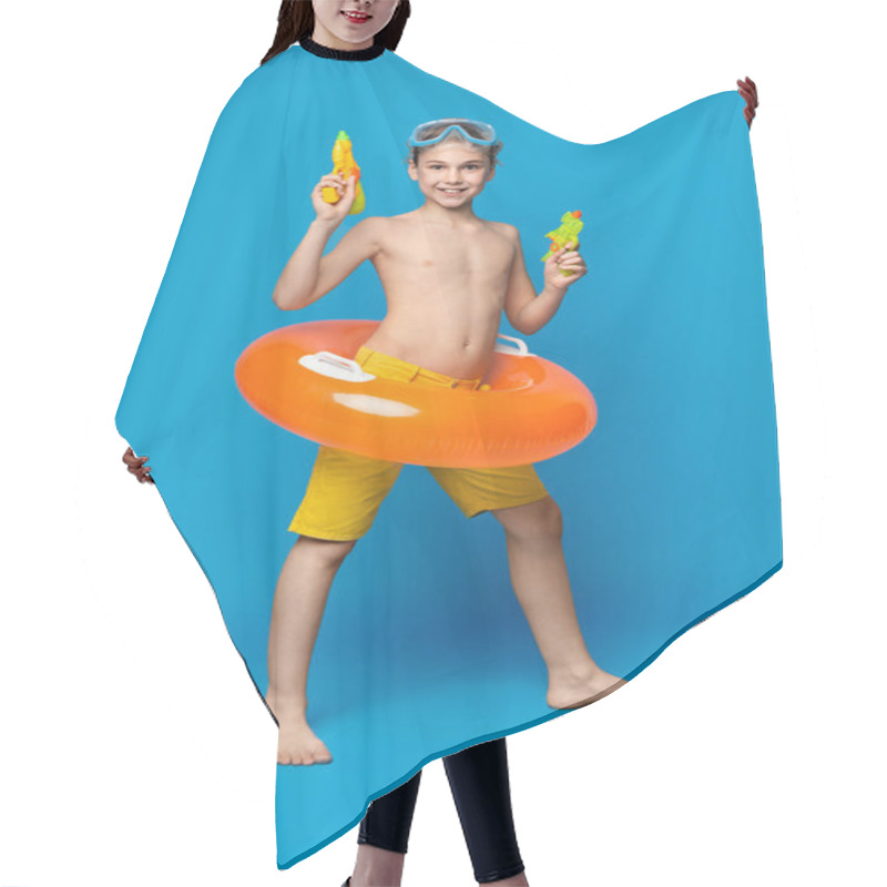 Personality  Teenage Boy In Swimwear Standing With Water Guns Hair Cutting Cape