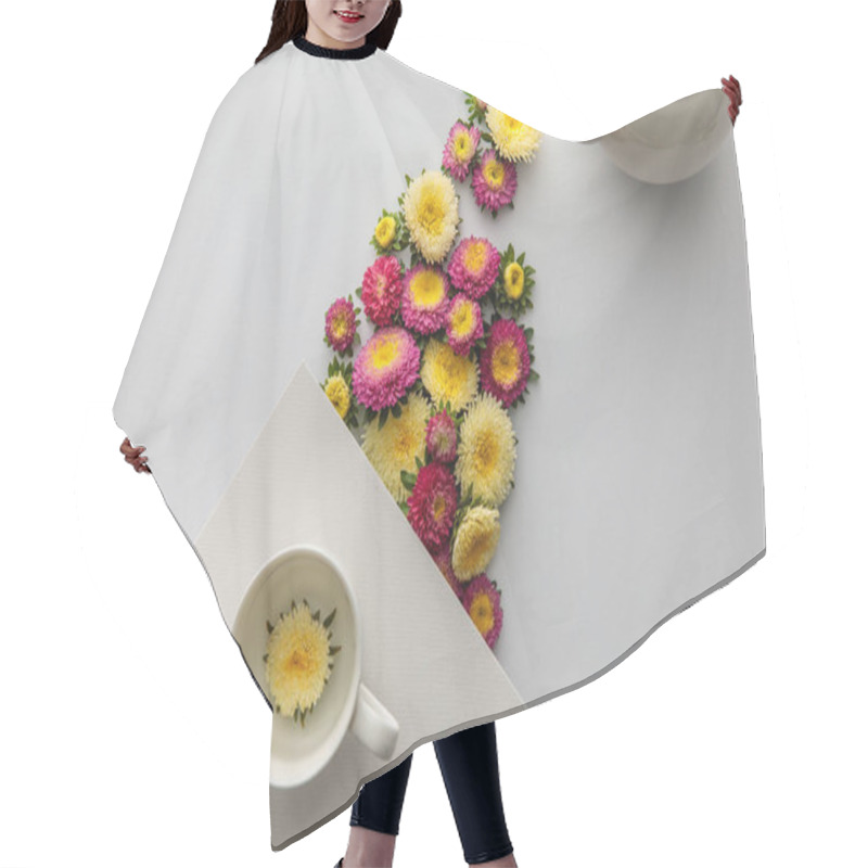 Personality  Top View Of Asters Near Teapot And Cup On White Background Hair Cutting Cape