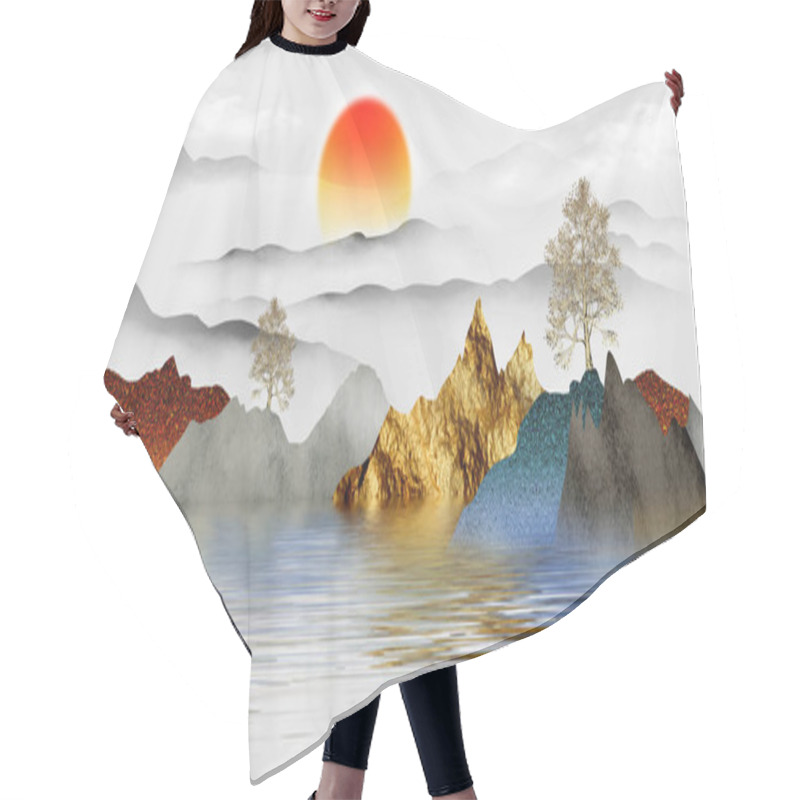 Personality  3d Illustration Mural Landscape Wallpaper.golden, Black And Gray Mountains And Trees In Light Background.sunset And White Clouds. Wall Home Decor Hair Cutting Cape