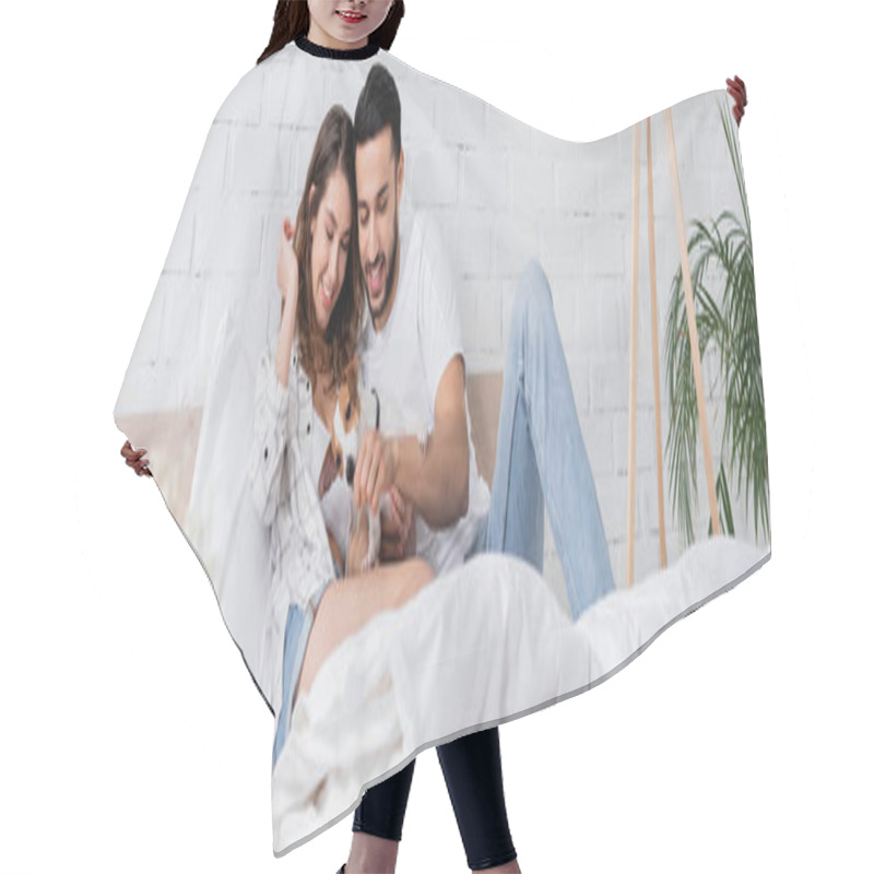 Personality  Happy Interracial Couple Cuddling Jack Russell Terrier In Bed, Banner Hair Cutting Cape