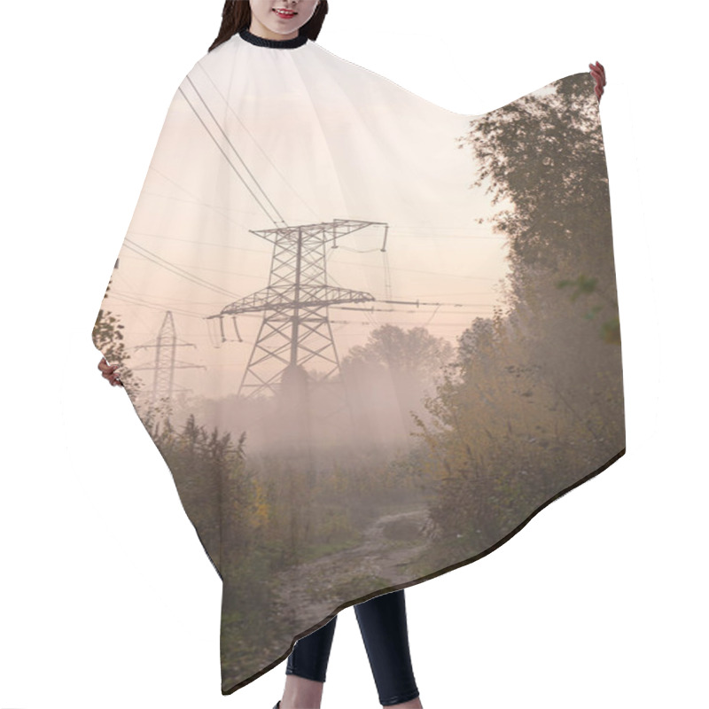 Personality  Misty Morning Along The Path With Power Lines Towering Over Rural Landscape At Dawn In The Countryside Hair Cutting Cape