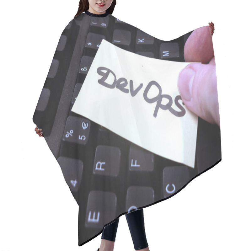 Personality  Laptop Keyboard And Hand Puts Paper Sticker With Devops Title, Software Scrum Agile Board With Paper Task, Concept, Hair Cutting Cape