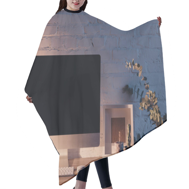 Personality  Blank Copmuter Screen On Workplace Illuminated By Table Lamp In Evening, Mockup Concept Hair Cutting Cape