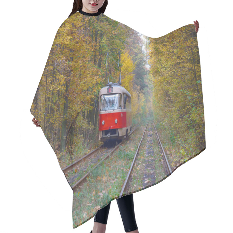 Personality  Red Tram Traveling In The Tunnel Of Autumn Trees. Kiev, Ukraine Hair Cutting Cape