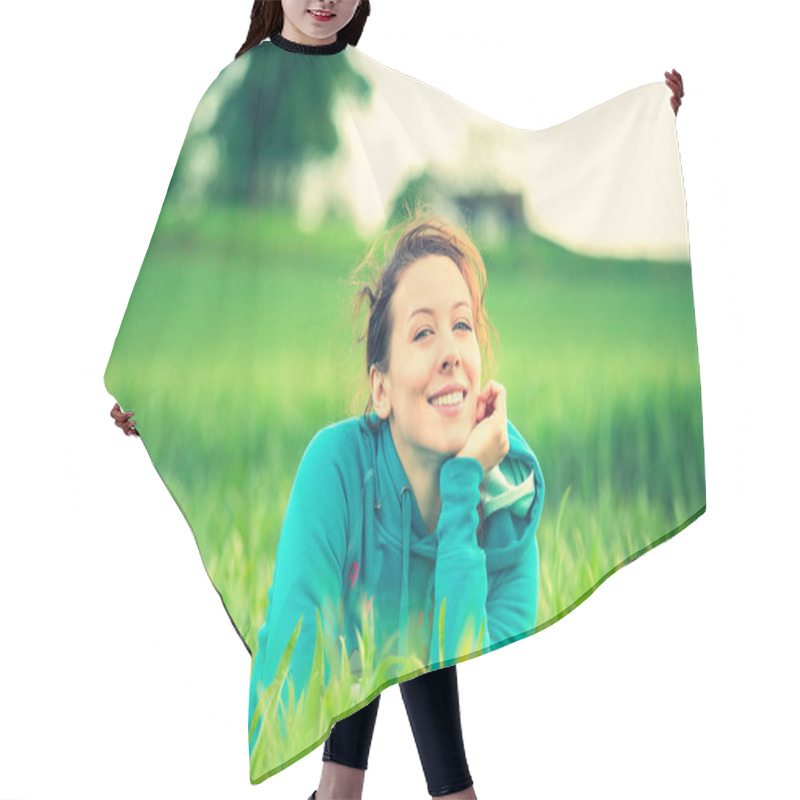 Personality  Beautiful Spring Summer Young Woman Outdoors Enjoying Nature Hair Cutting Cape