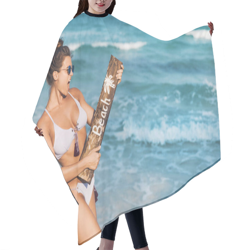 Personality  Young Sexy Woman Wearing Swimsuit With Old Wooden Sign On The Beach  Hair Cutting Cape