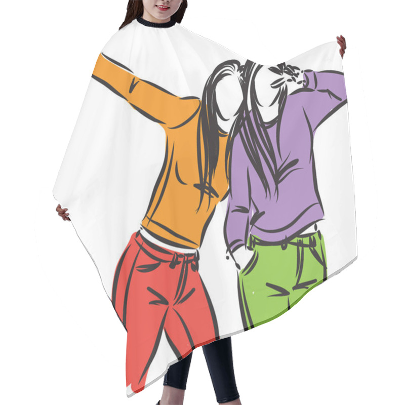 Personality  Girls Friends Vector Illustration Hair Cutting Cape