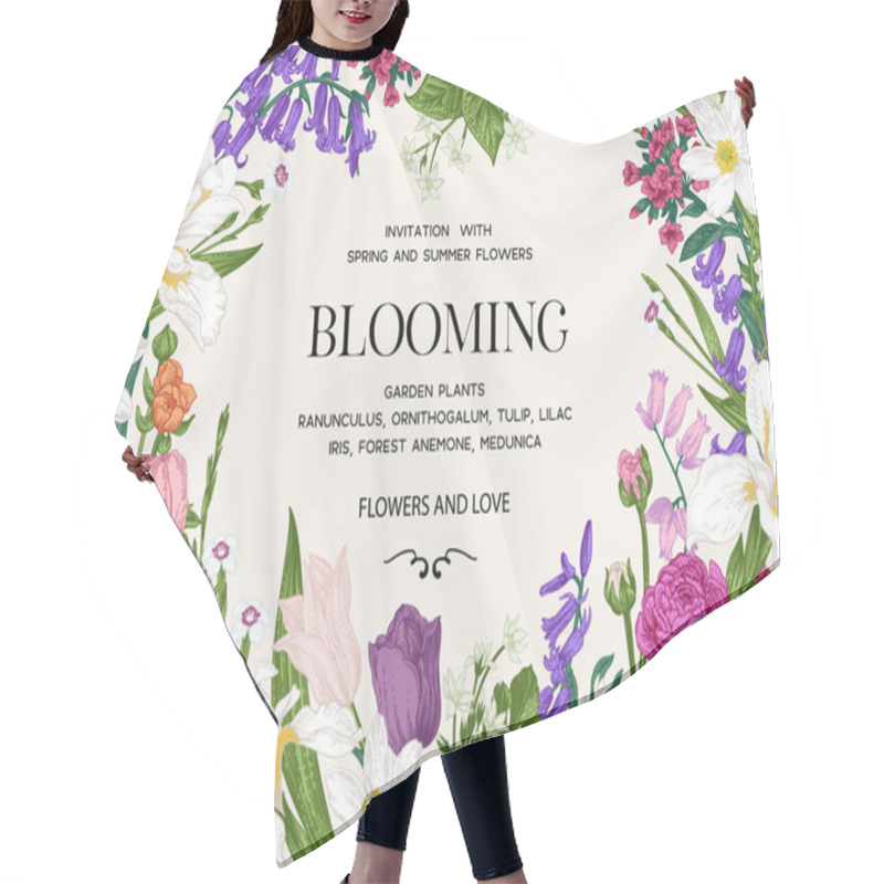 Personality  Blooming. Summer Wedding Invitation With Garden Flowers. Horizontal. Vector Botanical Illustration. Iris, Tulip, Bell, Ranunculus, Forest Anemone, Lilac, Star Of Bethlehem, Clove. Hair Cutting Cape