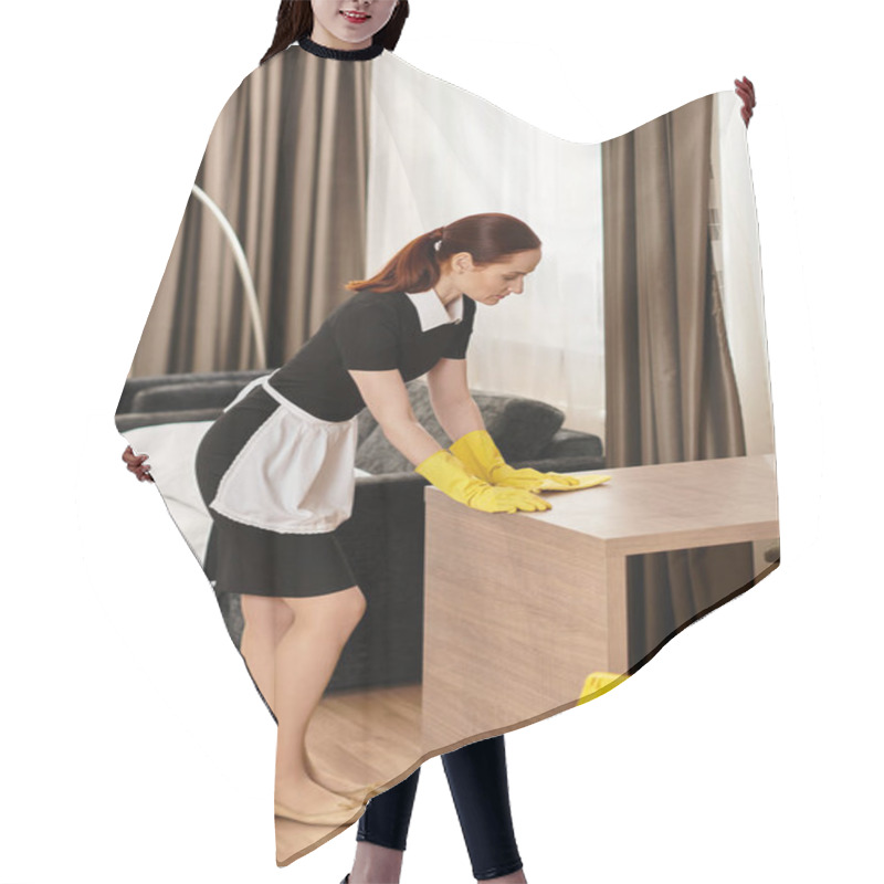 Personality  Woman In A Black Dress With Yellow Gloves Carefully Wipes A Table In A Cozy Room. Hair Cutting Cape