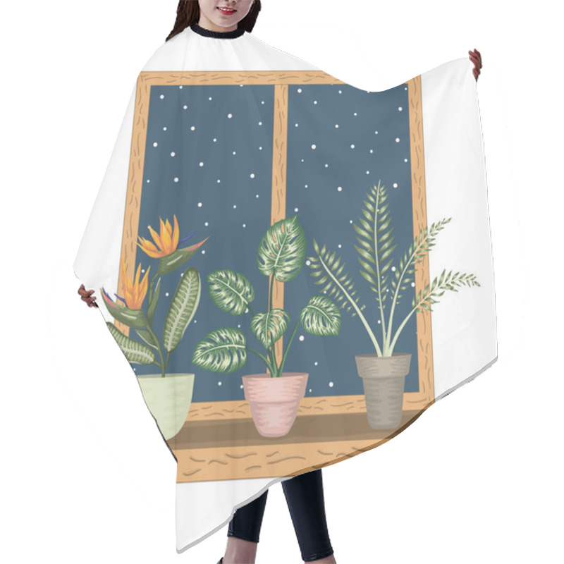 Personality  Window With Tropical Houseplants In Pots. Snowy Weather View Hair Cutting Cape