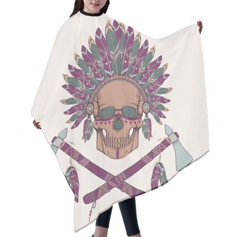 Personality  Vector Illustration Of Human Skull In Native American Indian Chief Headdress, Tomahawks Hair Cutting Cape