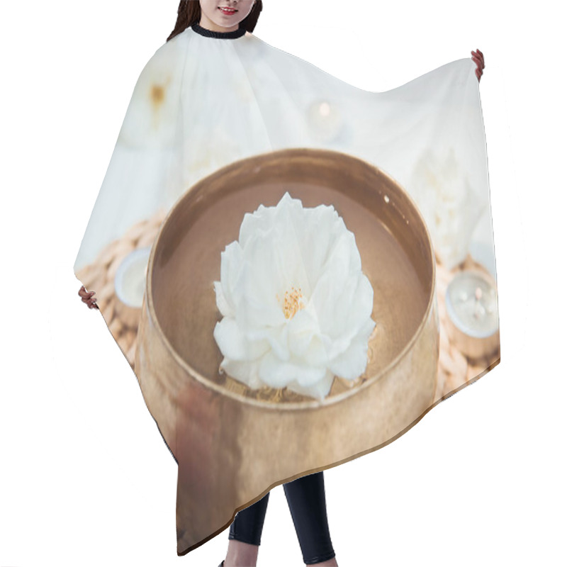 Personality  Close Up Tibetan Singing Bowl With Floating In Water Rose Inside. Burning Candles, Flowers Petals On The White Wooden Background. Meditation And Relax. Exotic Massage. Copy Space. Hair Cutting Cape