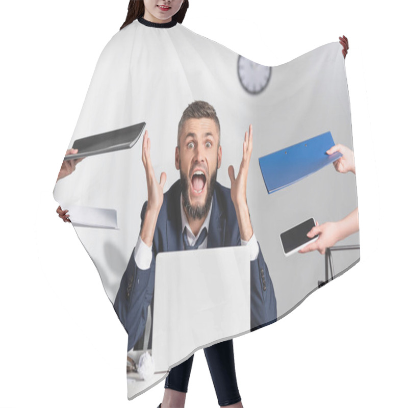 Personality  Stressed Businessman Screaming Near Colleagues With Paper Folders And Gadgets In Office  Hair Cutting Cape