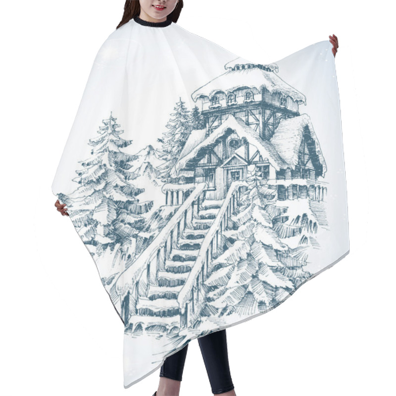 Personality  Winter Nature, Pine Trees And House In The Snow Sketch  Hair Cutting Cape