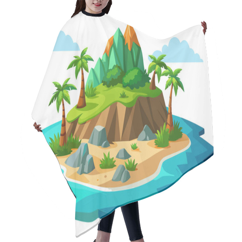 Personality  A Cartoon Illustration Of A Tropical Island With A Palm Tree, A Small House Hair Cutting Cape