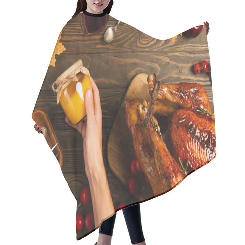 Personality  Cropped View Of Man With Jar Of Honey Near Thanksgiving Turkey On Wooden Table With Autumnal Decor Hair Cutting Cape