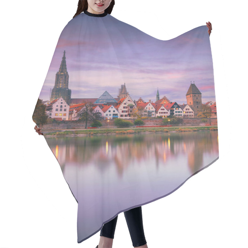 Personality  Ulm, Germany. Cityscape Image Of Old Town Ulm, Germany With The Ulm Minster, Tallest Church In The World And Reflection Of The City In Danube River At Autumn Sunset. Hair Cutting Cape