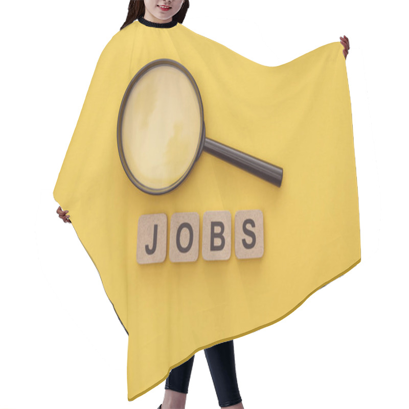 Personality  Top View Of Magnifying Glass Near Cardboard Squares With Jobs Lettering On Yellow Background Hair Cutting Cape