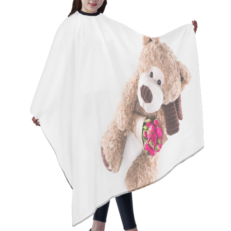 Personality  Top View Of Teddy Bear With Bouquet Of Pink Roses Isolated On White Hair Cutting Cape