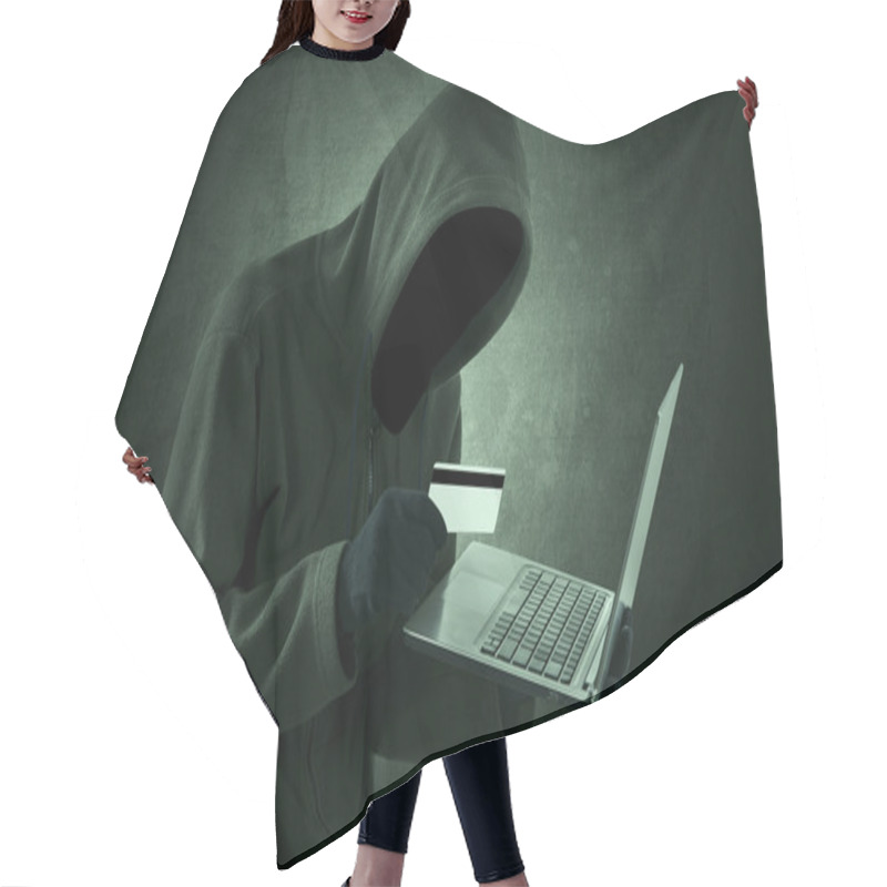 Personality  Man Holding Credit Card With Laptop Hair Cutting Cape