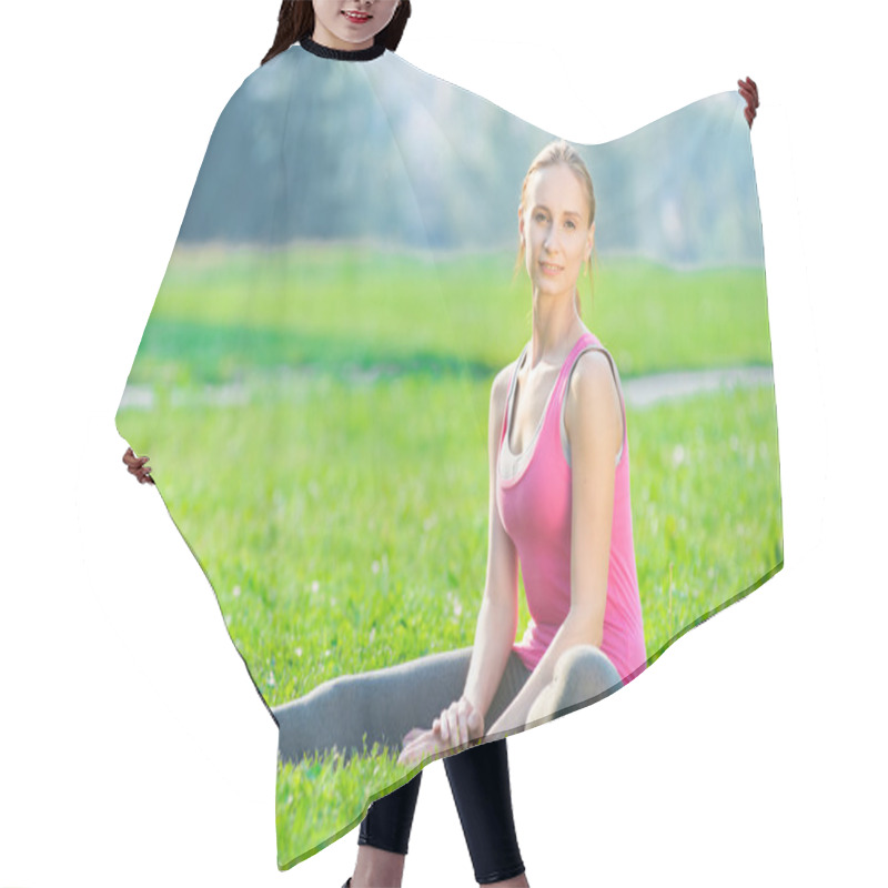 Personality  Woman Doing Stretching Exercise Hair Cutting Cape