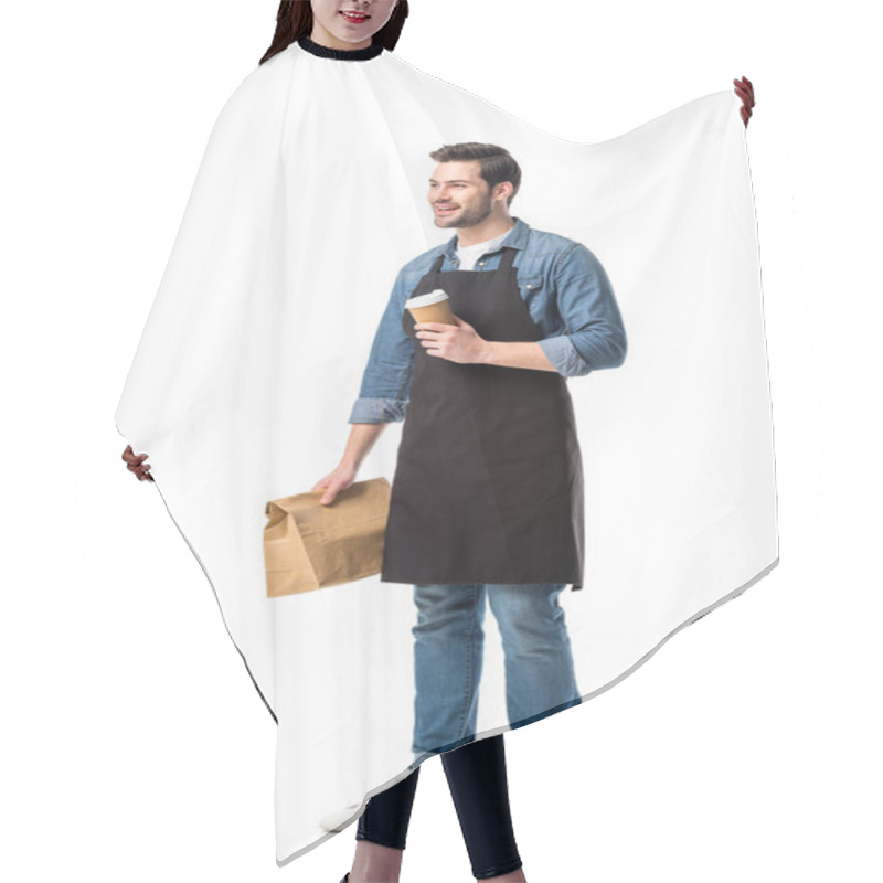 Personality  Smiling Waiter In Apron With Order To Go In Hands Isolated On White Hair Cutting Cape