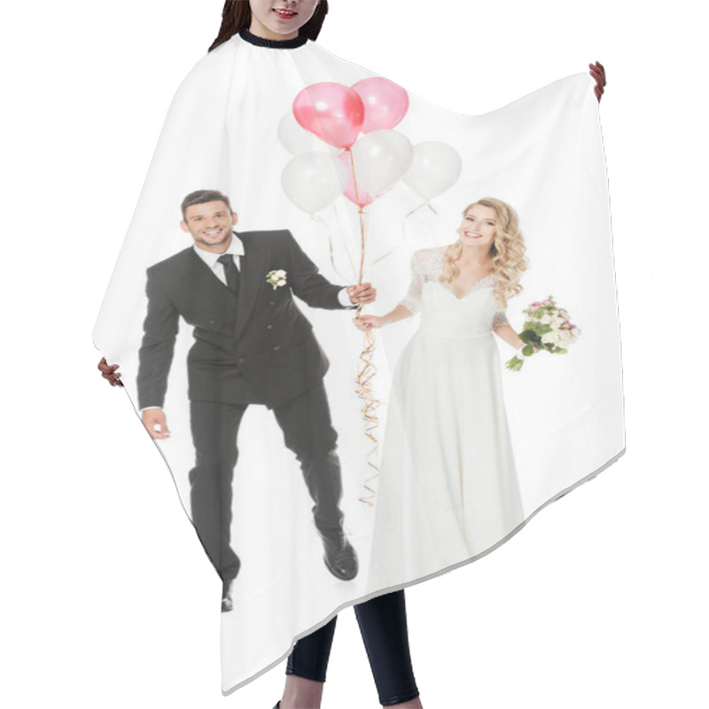 Personality  Happy Young Bride And Groom With Air Balloons Isolated On White Hair Cutting Cape