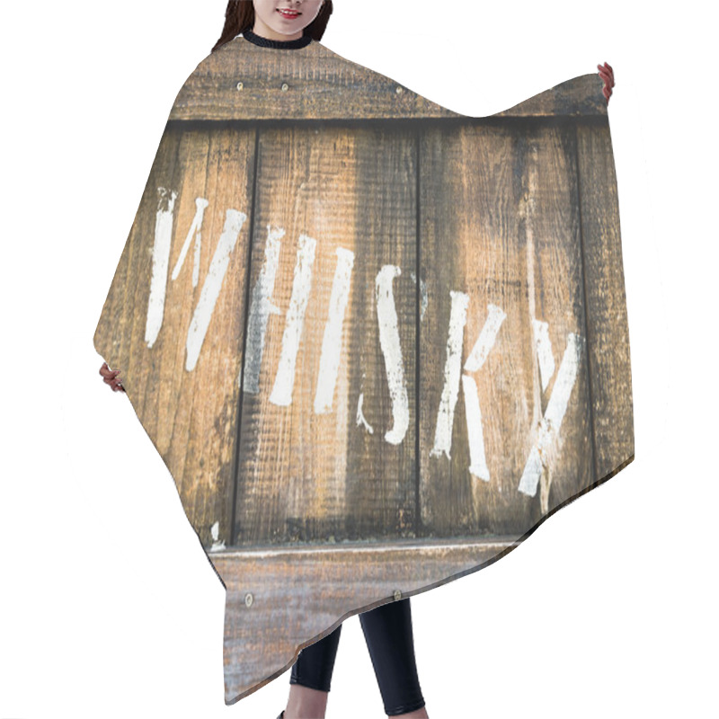 Personality  Old Wooden Box Containing Bottles Of Whiskey. Hair Cutting Cape