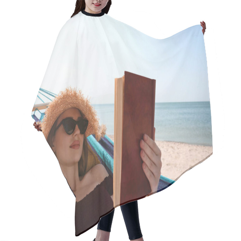 Personality  Young Woman Reading Book In Hammock On Beach Hair Cutting Cape