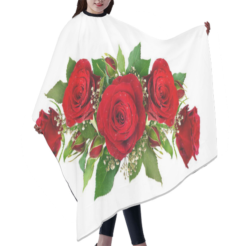 Personality  Romantic Composition With Red Roses And Gypsophila Flowers And Buds Isolated On White Background. Top View. Flat Lay. Hair Cutting Cape