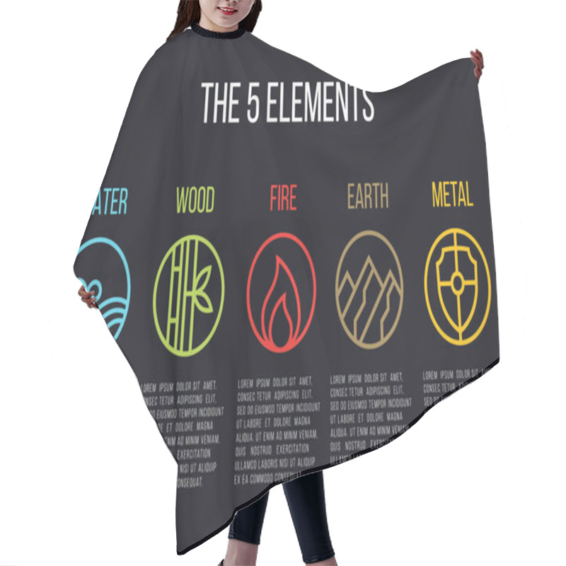 Personality  5 Elements Of Nature Circle Line Icon Sign. Water, Wood, Fire, Earth, Metal. On Dark Background. Hair Cutting Cape