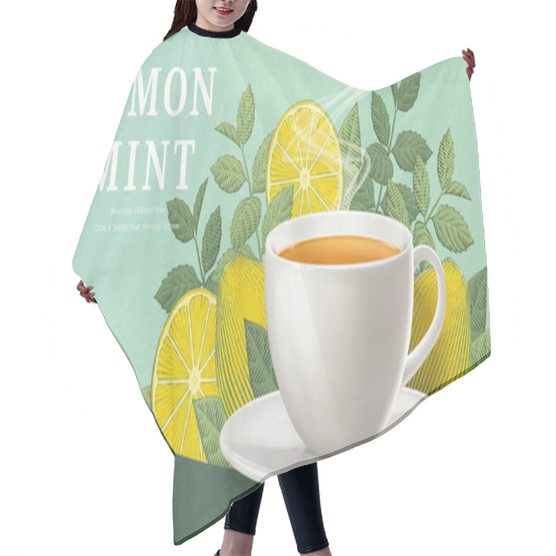 Personality  Lemon Mint Tea Banner Ads With Engraving Ingredients Background, 3d Illustration Tea Cup And Packaging Hair Cutting Cape