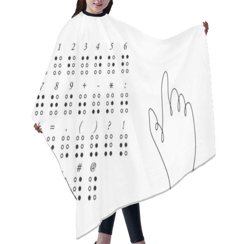 Personality  Braille Alphabet With Decoding. Numbers And Signs. A Man's Hand Learns The Braille Alphabet. World Braille Day. One Line Drawing For Different Uses. Vector Illustration. Hair Cutting Cape