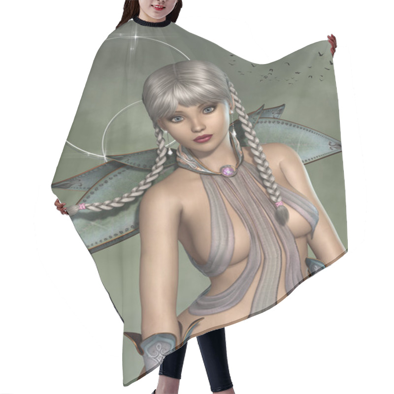 Personality  Futuristic Portrait Woman In The Sky With Sparkle Hair Cutting Cape