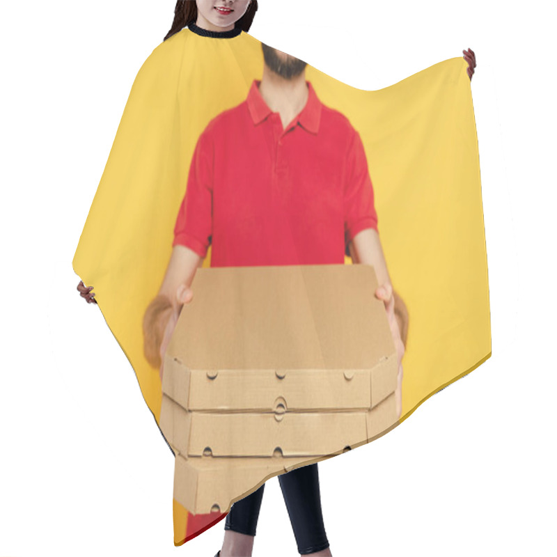 Personality  Cropped View Of Smiling Bearded Delivery Man In Red Uniform With Pizza Boxes Isolated On Yellow Hair Cutting Cape