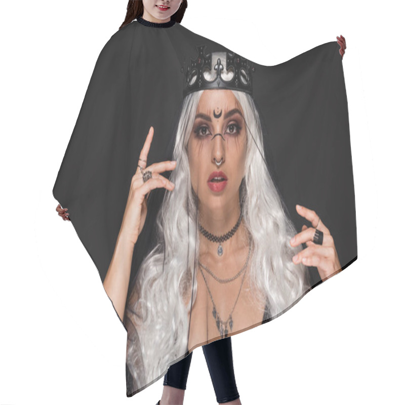 Personality  Crowned Blonde Woman In Witch Makeup And Veil Looking At Camera Isolated On Black Hair Cutting Cape