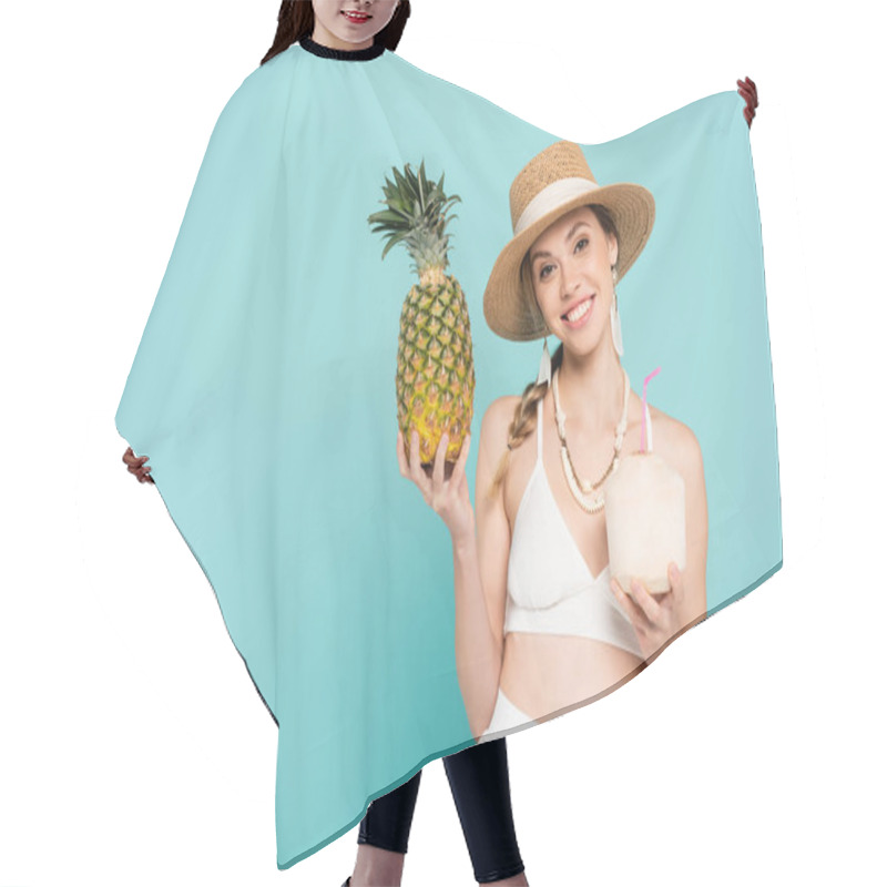 Personality  Pretty Woman In Sun Hat Holding Pineapple And Cocktail In Coconut Isolated On Blue  Hair Cutting Cape