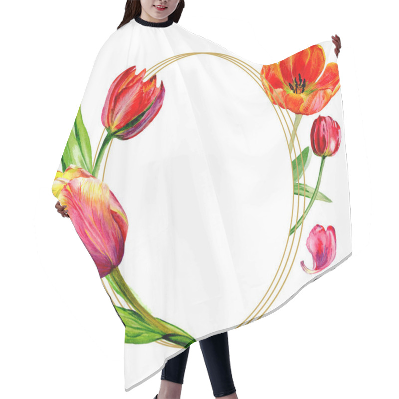 Personality  Amazing Red Tulip Flowers With Green Leaves. Hand Drawn Botanical Flowers. Watercolor Background Illustration. Frame Round Border Ornament. Geometric Quartz Polygon Crystal Stone. Hair Cutting Cape