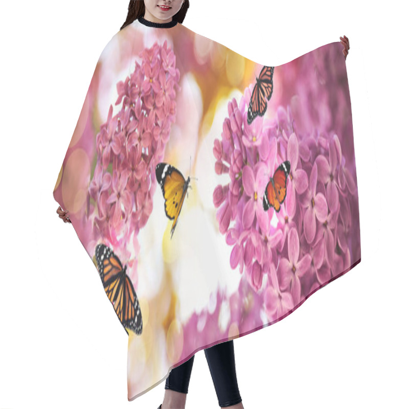 Personality  Beautiful Blossoming Lilac Shrubs And Amazing Butterflies Outdoors. Banner Design Hair Cutting Cape