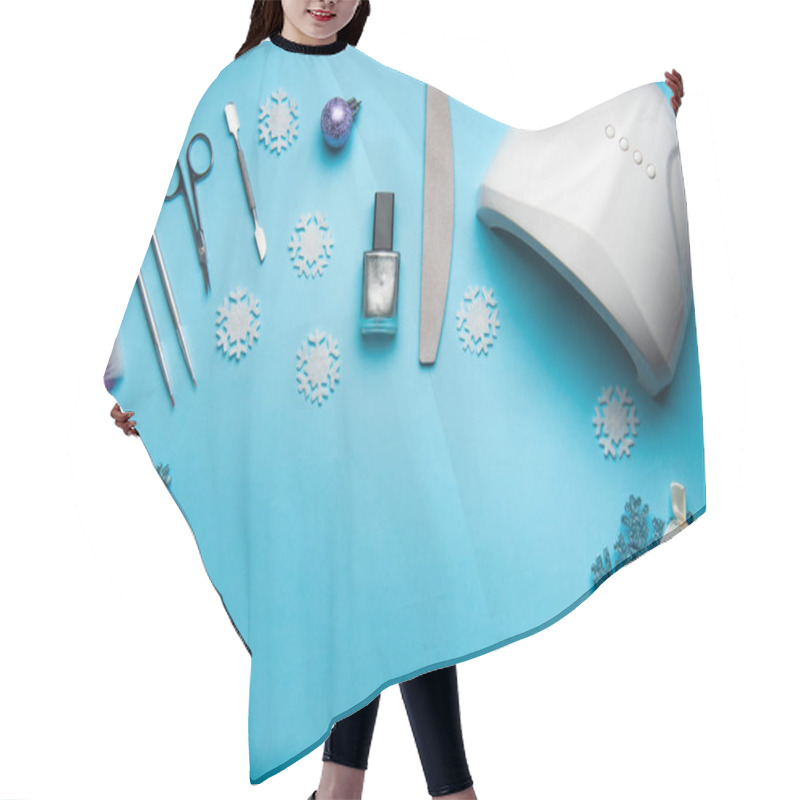 Personality  Top View Of Manicure And Pedicure Equipment On Blue Christmas Background Hair Cutting Cape