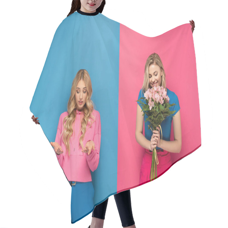 Personality  Confused Blonde Girl Near Smiling Sister Holding Bouquet Of Flowers On Pink And Blue Background Hair Cutting Cape