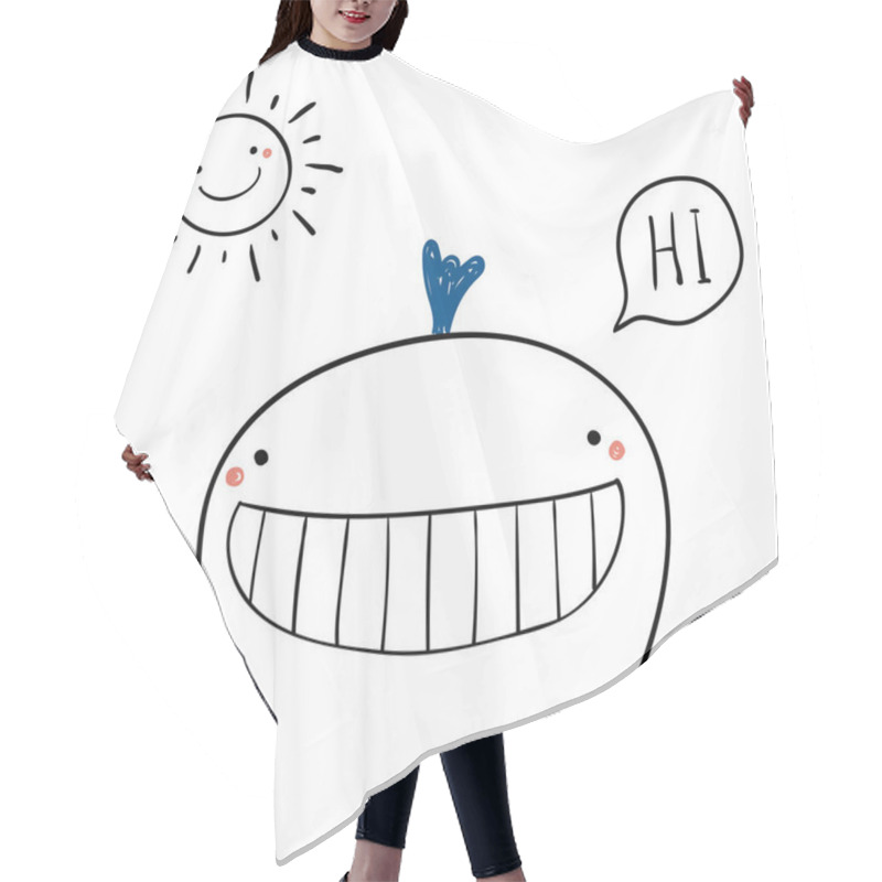 Personality  Hand Drawn Portrait Of Cute Funny Whale With Text Hi In Speech Bubble, Vector, Illustration  Hair Cutting Cape