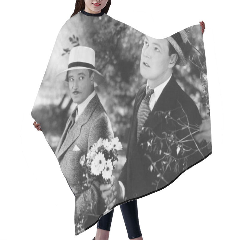 Personality  Two Men Standing In A Garden Holding A Bouquet Of Flowers Hair Cutting Cape